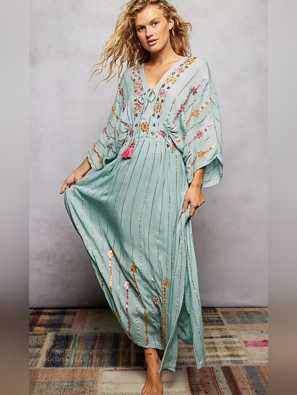 POL Light Aqua Embroidered Maxi Dress with Tassel - Picture 2 of 6